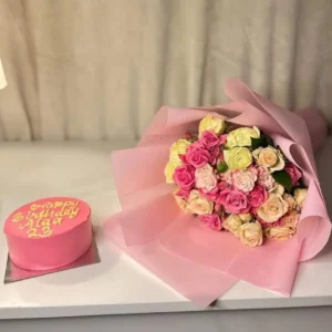 Charming Pink and Yellow Rose Bouquet with Cake