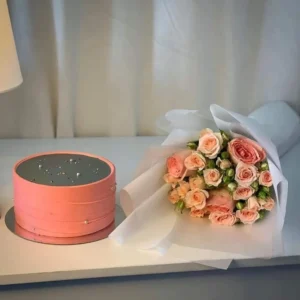 Rose Quartz Delight Cake with Enchanting Pink Rose Bouquet