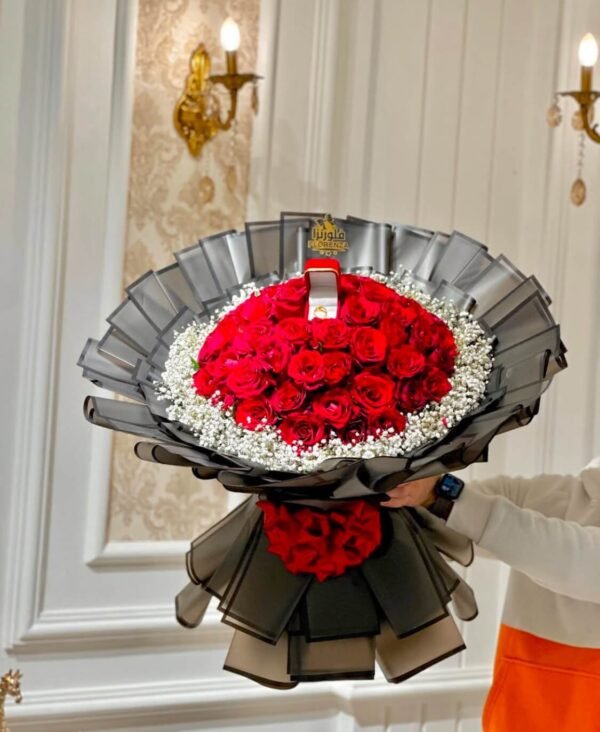Say Yes! Propose Day Gold Ring Bouquet with Red Roses
